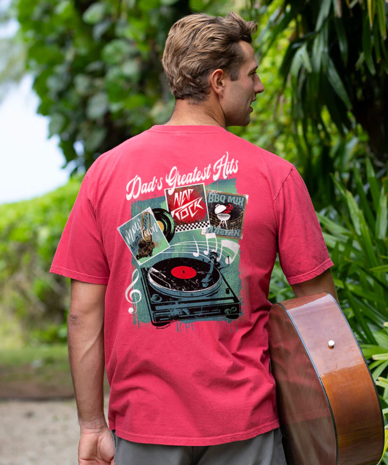 Dads Greatest Hits - Paradise Red Dyed Short Sleeve Crewneck T-Shirt - Image 2