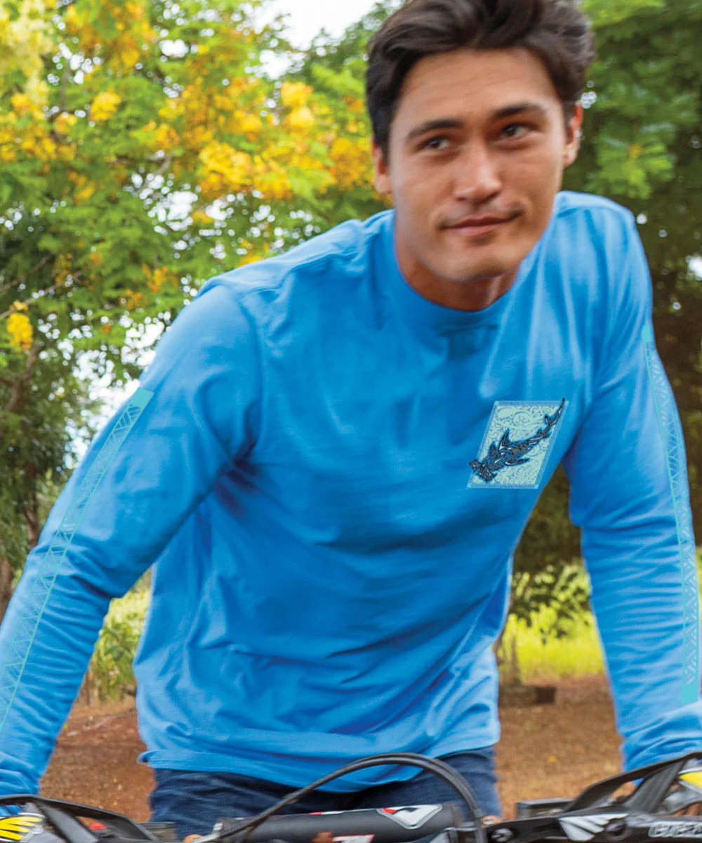 Hammerhead Tribal - Blue Hawaii Dyed Long Sleeve Crewneck T-Shirt - Image 3