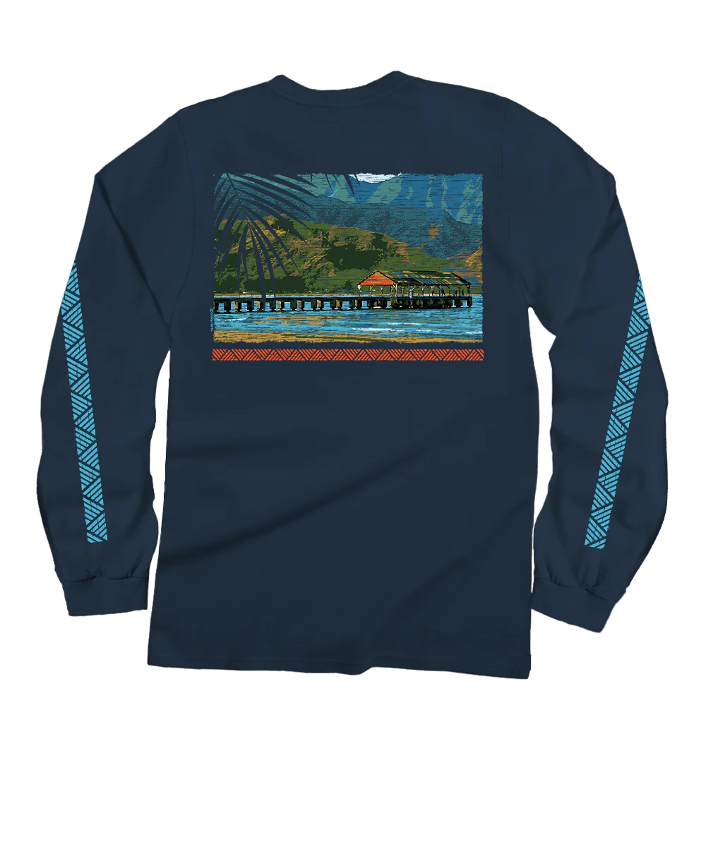 Hanalei Pier - Navy Long Sleeve Crewneck T-Shirt