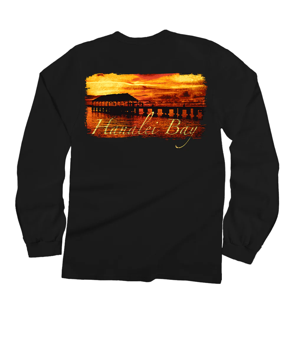 Hanalei Sunset - Black Long Sleeve Crewneck T-Shirt