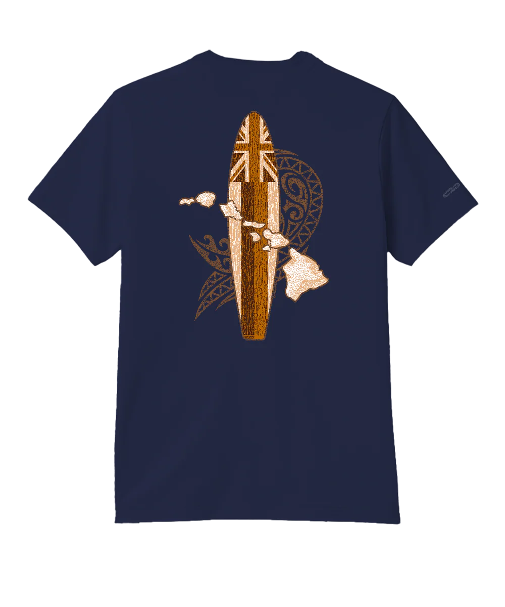 Hawaii Longboard Flag Map - Indigo Short Sleeve Pima T-Shirt