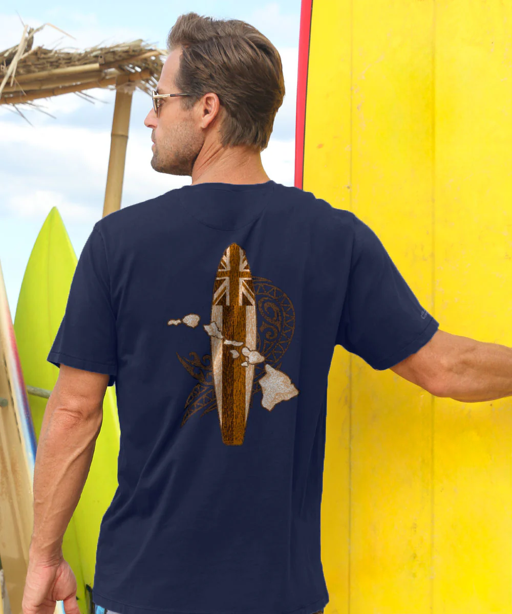 Hawaii Longboard Flag Map - Indigo Short Sleeve Pima T-Shirt - Image 2