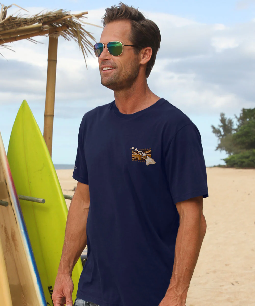 Hawaii Longboard Flag Map - Indigo Short Sleeve Pima T-Shirt - Image 3