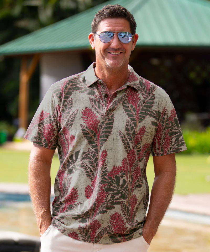 Hawaiian Ginger - Olive/Red Short Sleeve Hawaiian Polo Shirt - Image 2