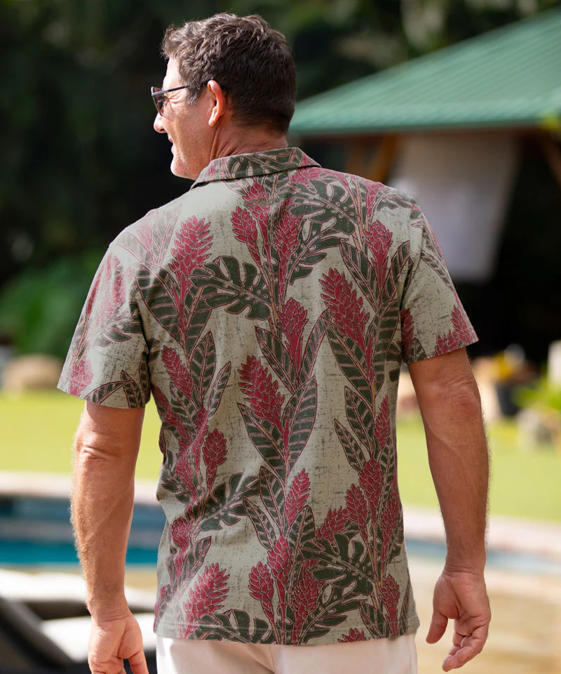 Hawaiian Ginger - Olive/Red Short Sleeve Hawaiian Polo Shirt - Image 3