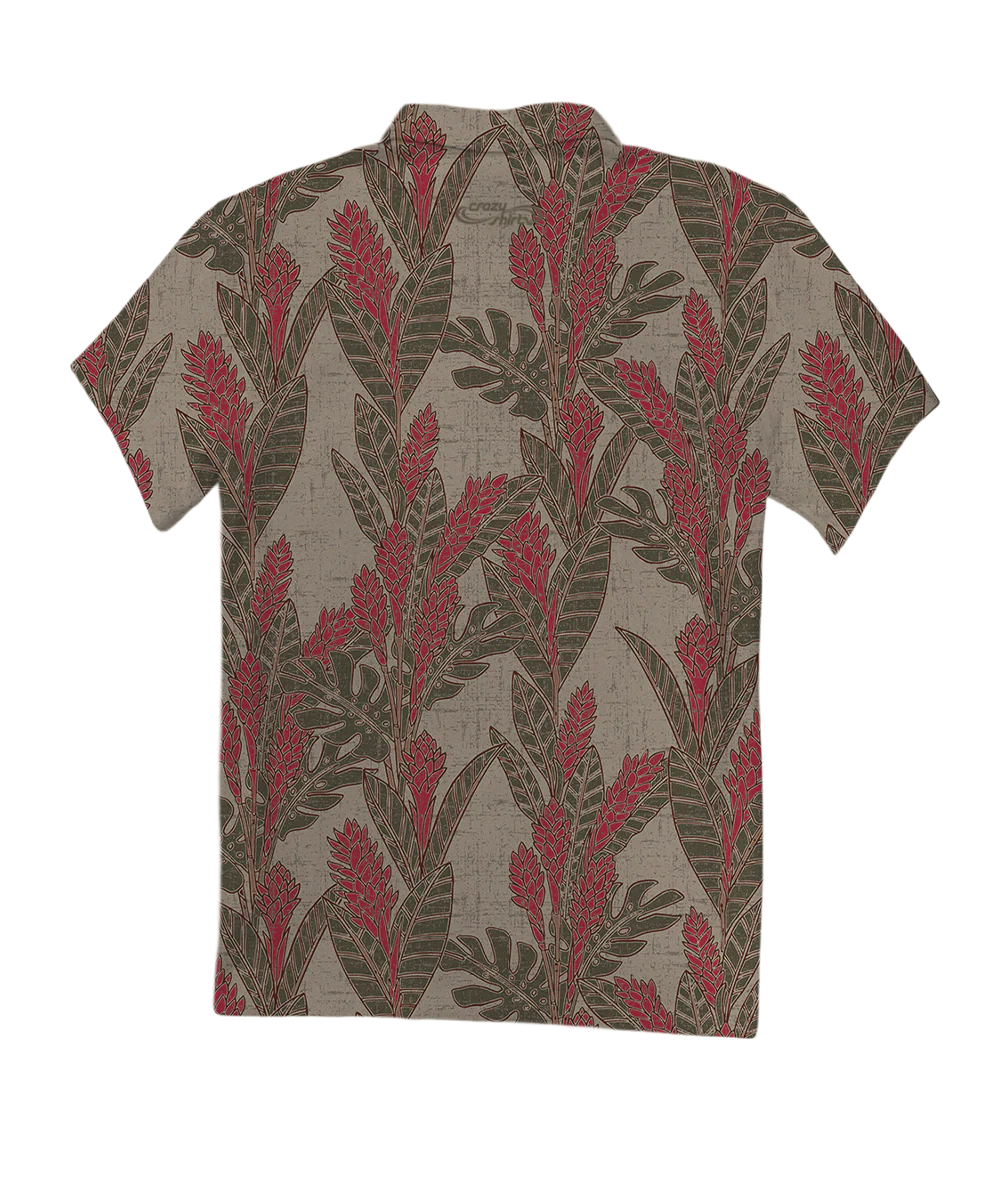 Hawaiian Ginger - Olive/Red Short Sleeve Hawaiian Polo Shirt - Image 4