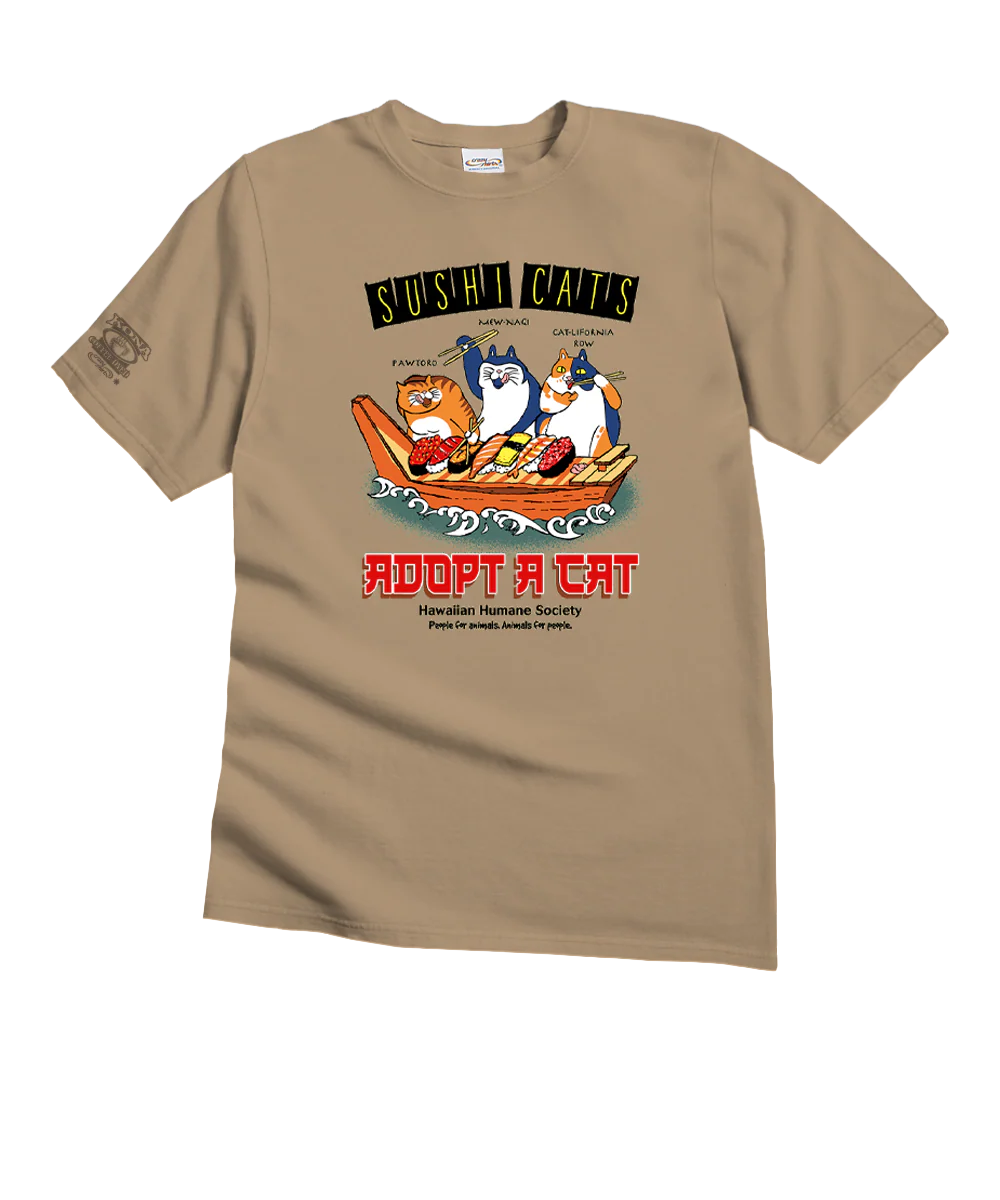 Hawaiian Humane Society Sushi Cats - Kona Coffee Dyed Short Sleeve Crewneck T-Shirt