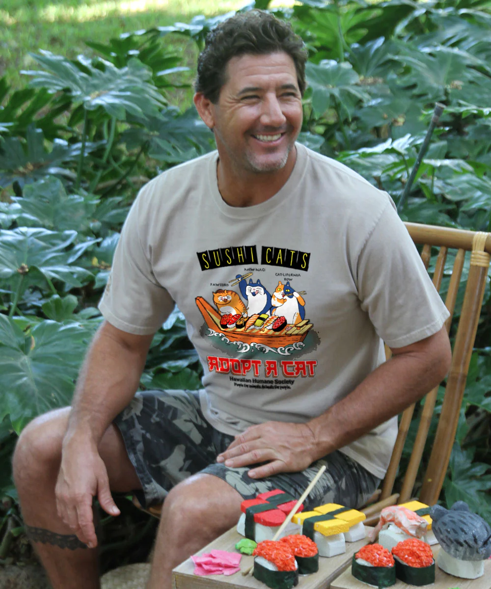 Hawaiian Humane Society Sushi Cats - Kona Coffee Dyed Short Sleeve Crewneck T-Shirt - Image 2