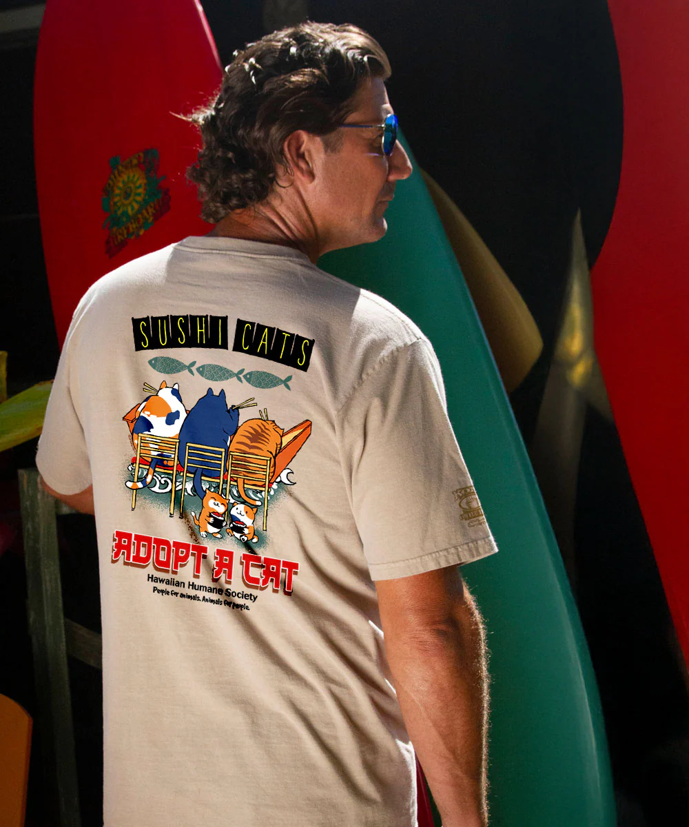 Hawaiian Humane Society Sushi Cats - Kona Coffee Dyed Short Sleeve Crewneck T-Shirt - Image 3