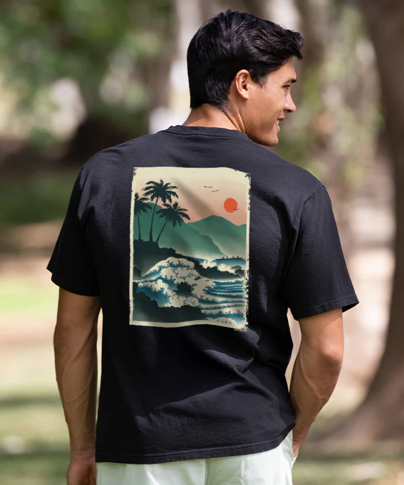 Hawaiian Ukiyo Scenic - Black Short Sleeve Crewneck T-Shirt - Image 2