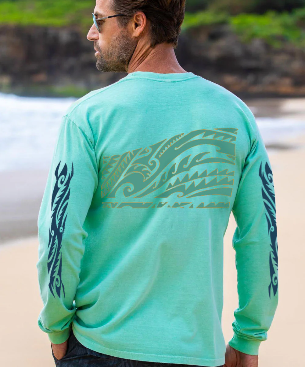 Honu Tribal Mauka - Key Lime Dyed Long Sleeve Crewneck T-Shirt - Image 3
