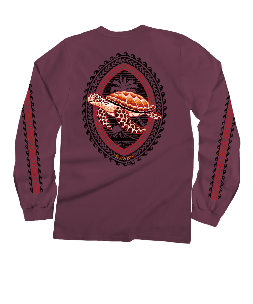 Honu Tribal Woodcut - Wine Dyed Long Sleeve Crewneck T-Shirt
