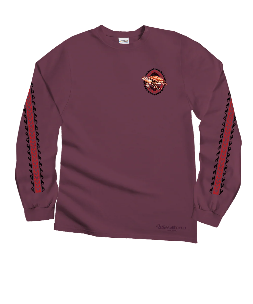 Honu Tribal Woodcut - Wine Dyed Long Sleeve Crewneck T-Shirt - Image 4