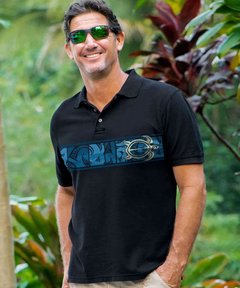 Honu Waa Band - Black Short Sleeve Oceanfront Polo Shirt - Image 2