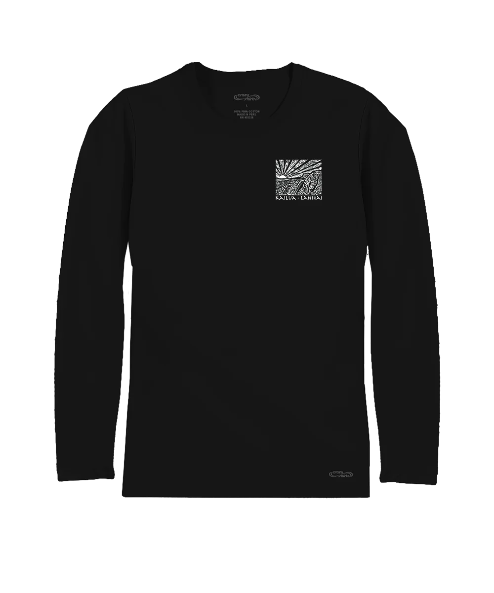 Kailua Lanikai Woodcut - Jet Black Long Sleeve Pima T-Shirt - Image 4