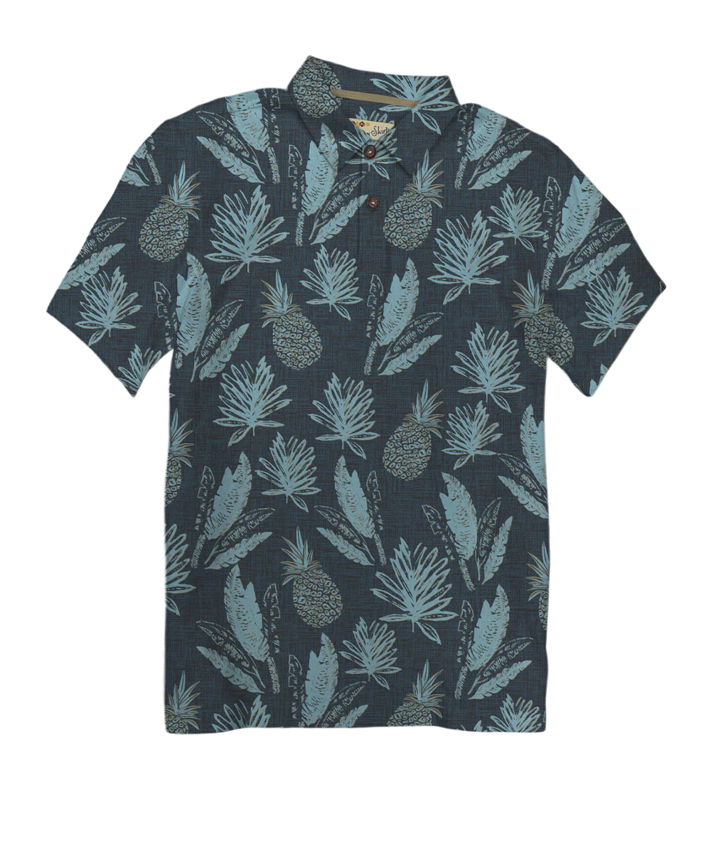 Kanikapila - Gray/Blue Short Sleeve Hawaiian Polo Shirt