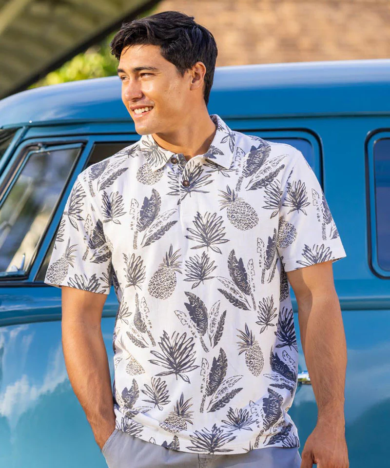 Kanikapila - White/Gray Short Sleeve Hawaiian Polo Shirt - Image 2