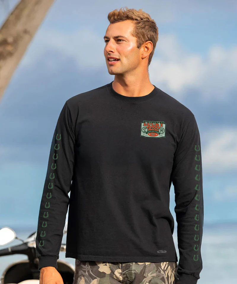 Lucky Frog Good Luck Sign - Black Long Sleeve Crewneck T-Shirt - Image 3