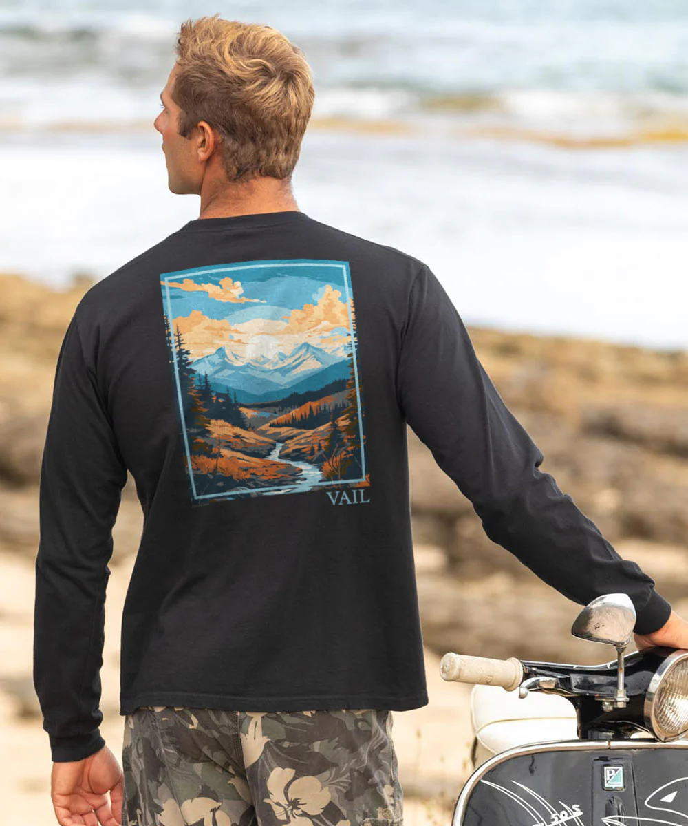 Mountain Scene - Black Long Sleeve Crewneck T-Shirt - Image 2
