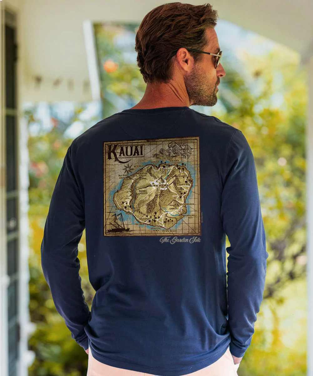 Old Kauai Map - Indigo Long Sleeve Pima T-Shirt - Image 2
