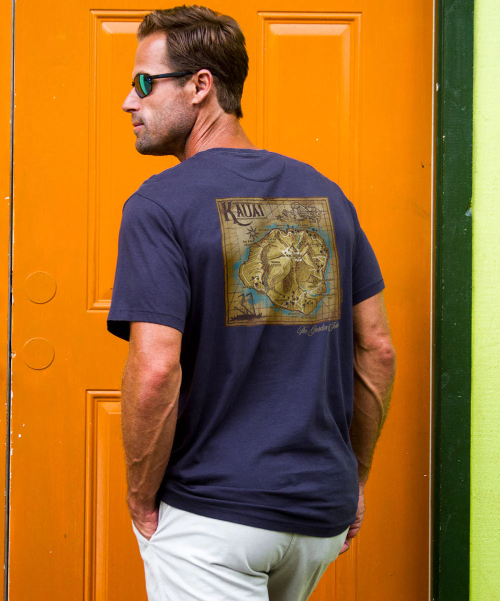 Old Kauai Map - Indigo Short Sleeve Pima T-Shirt - Image 2