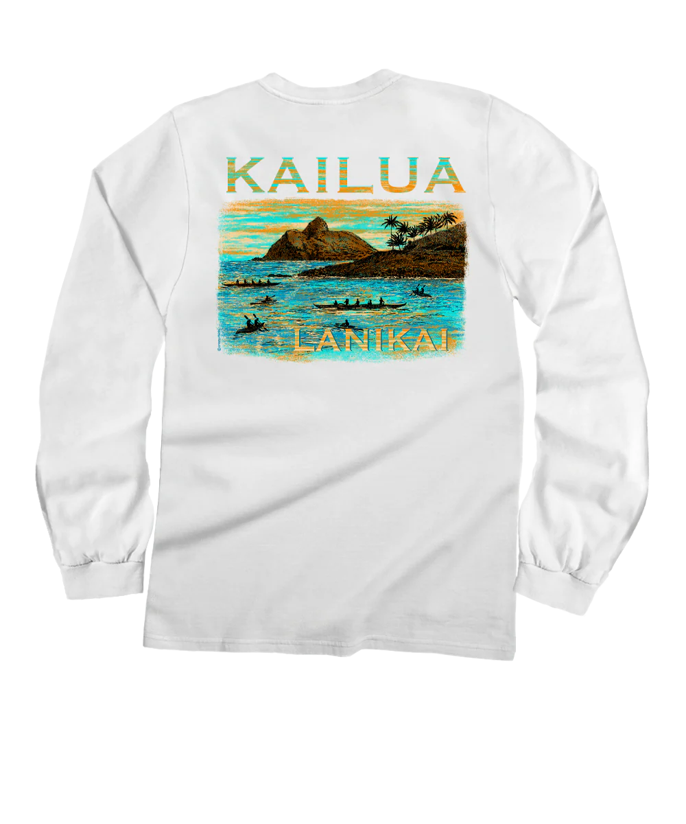 Paddle To Lanikai - White Long Sleeve Crewneck T-Shirt