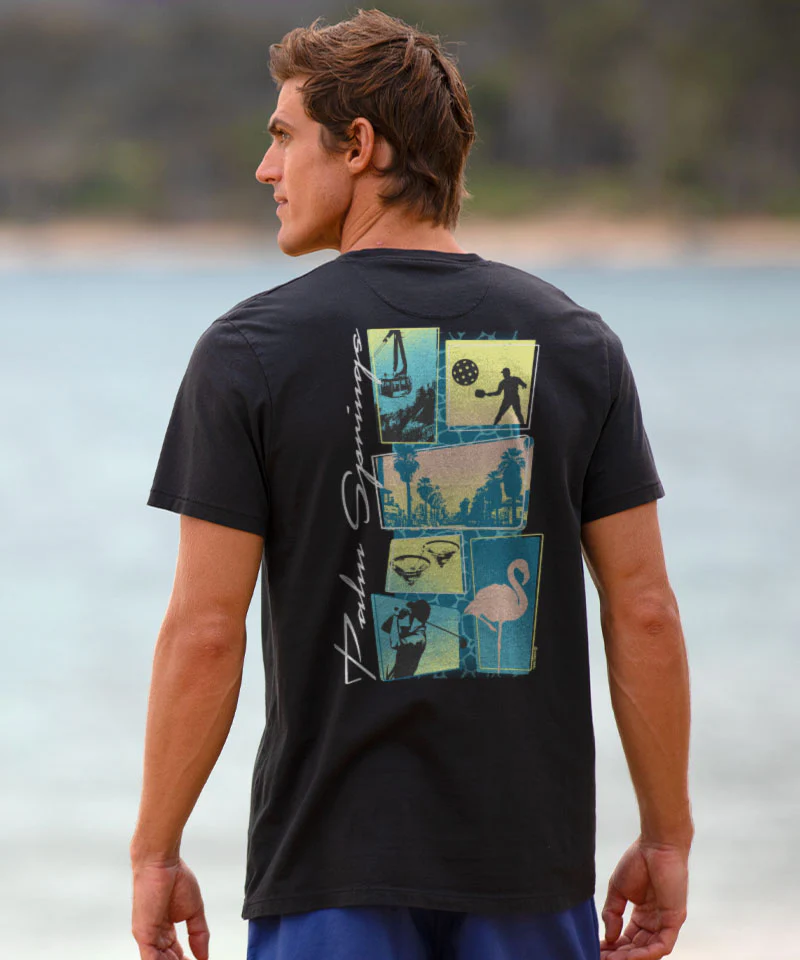 Palm Springs Collage - Jet Black Short Sleeve Pima T-Shirt - Image 2