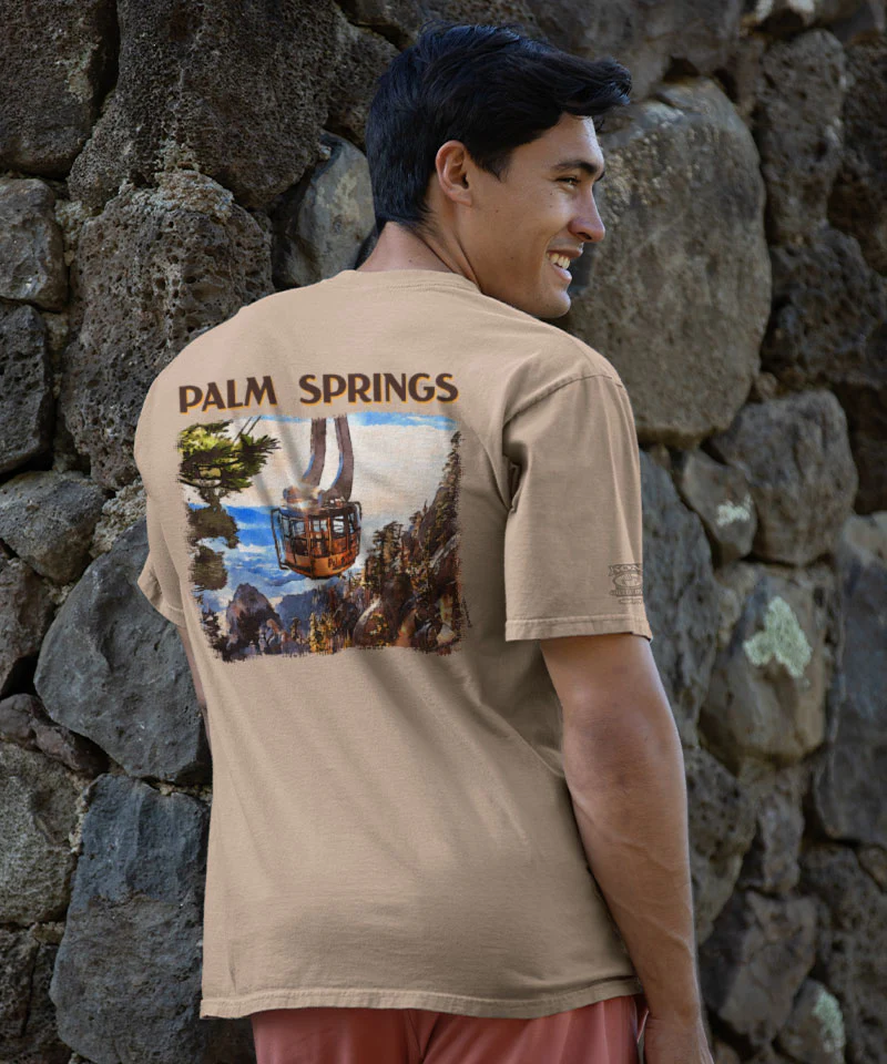 Palm Springs Tram Watercolor - Kona Coffee Dyed Short Sleeve Crewneck T-Shirt - Image 2
