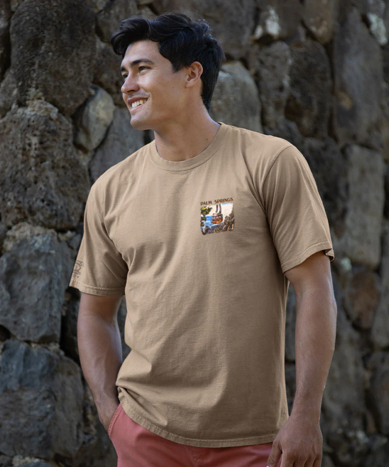 Palm Springs Tram Watercolor - Kona Coffee Dyed Short Sleeve Crewneck T-Shirt - Image 3