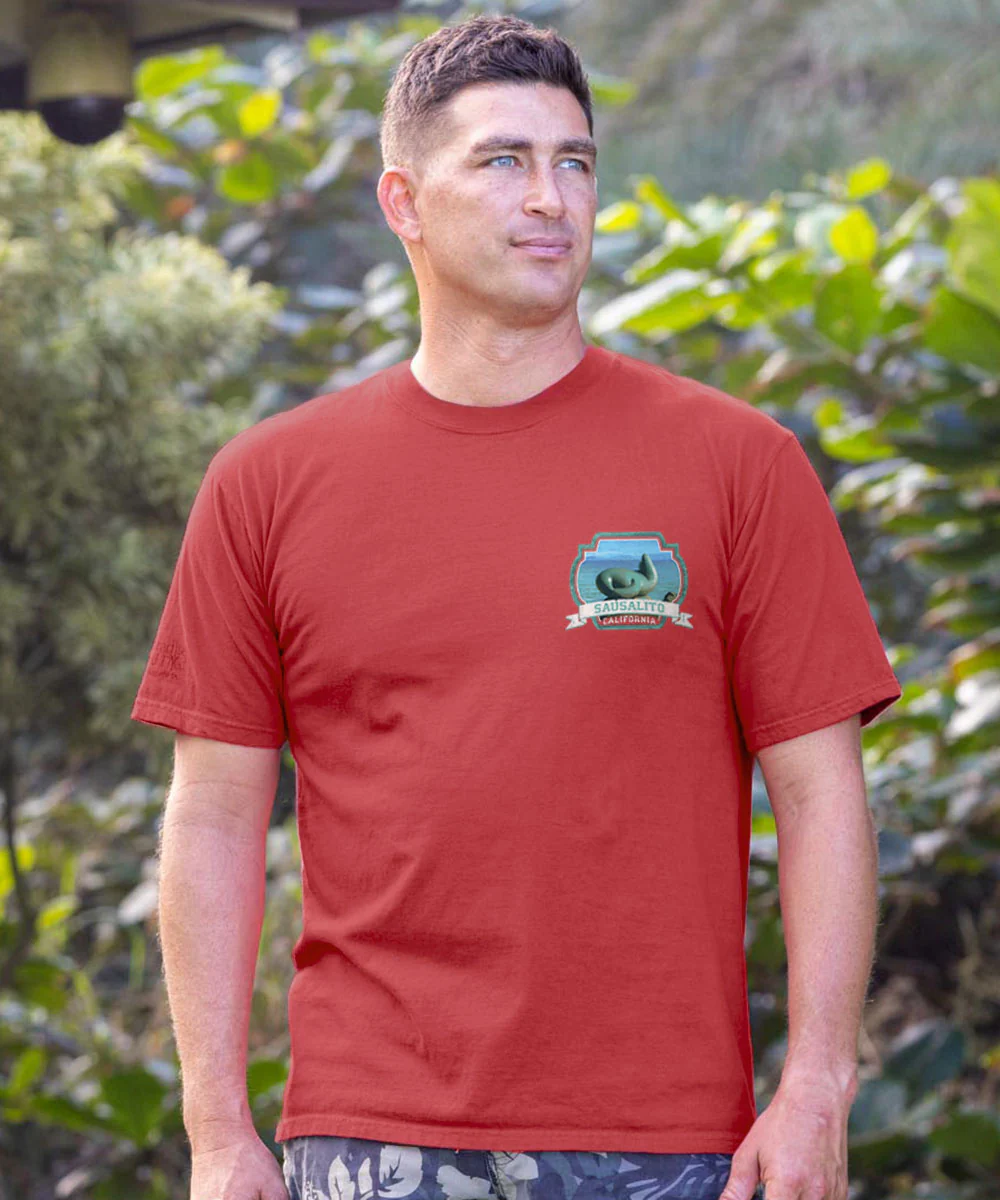Sausalito Seal Statue - Paradise Red Dyed Short Sleeve Crewneck T-Shirt - Image 3