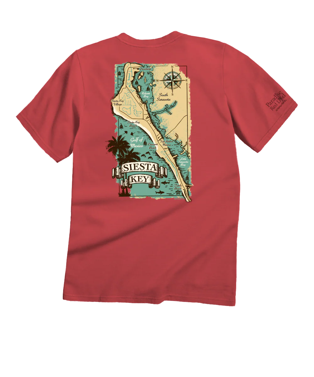 Siesta Key Map - Paradise Red Dyed Short Sleeve Crewneck T-Shirt