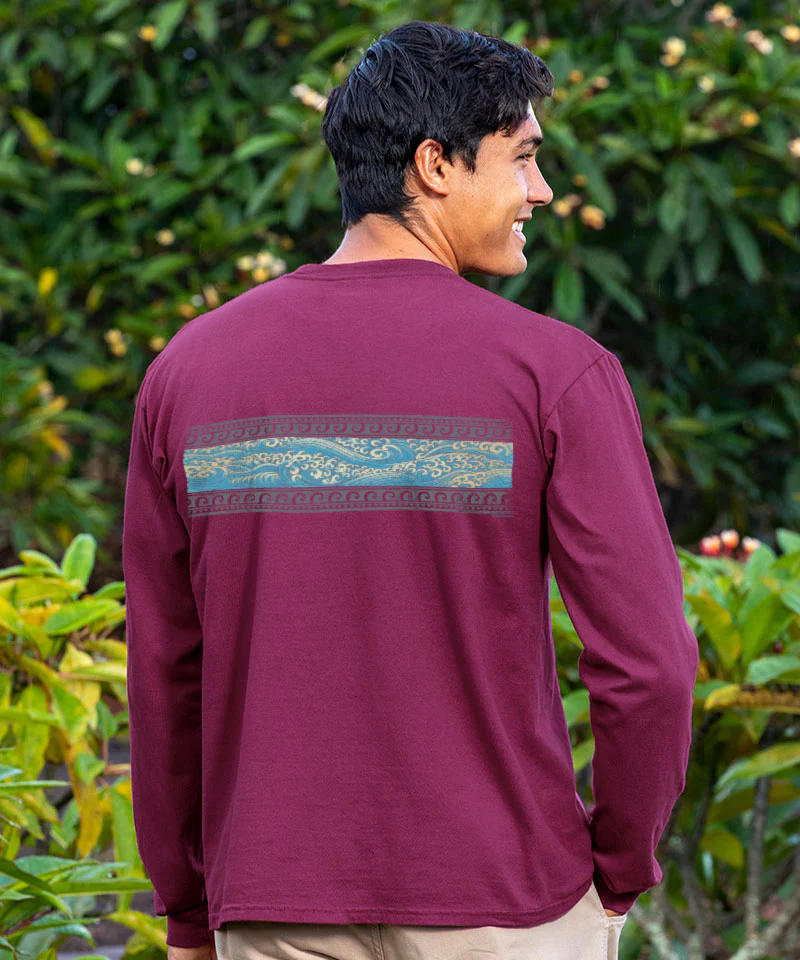 Sketch Wave Band - Wine Dyed Long Sleeve Crewneck T-Shirt - Image 3
