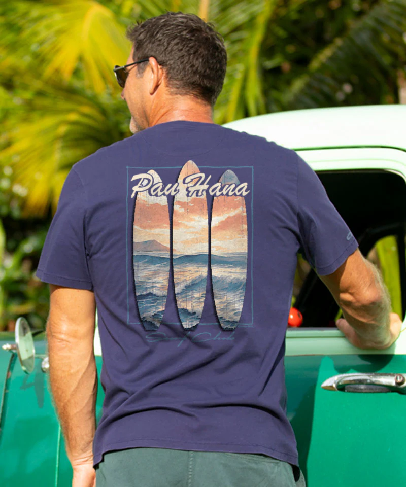Surfboard Sunset - Indigo Short Sleeve Pima T-Shirt - Image 2