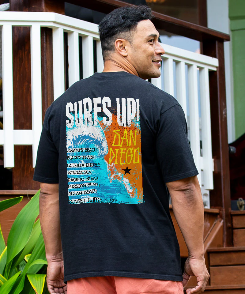 Surfs Up San Diego - Black Short Sleeve Crewneck T-Shirt - Image 2