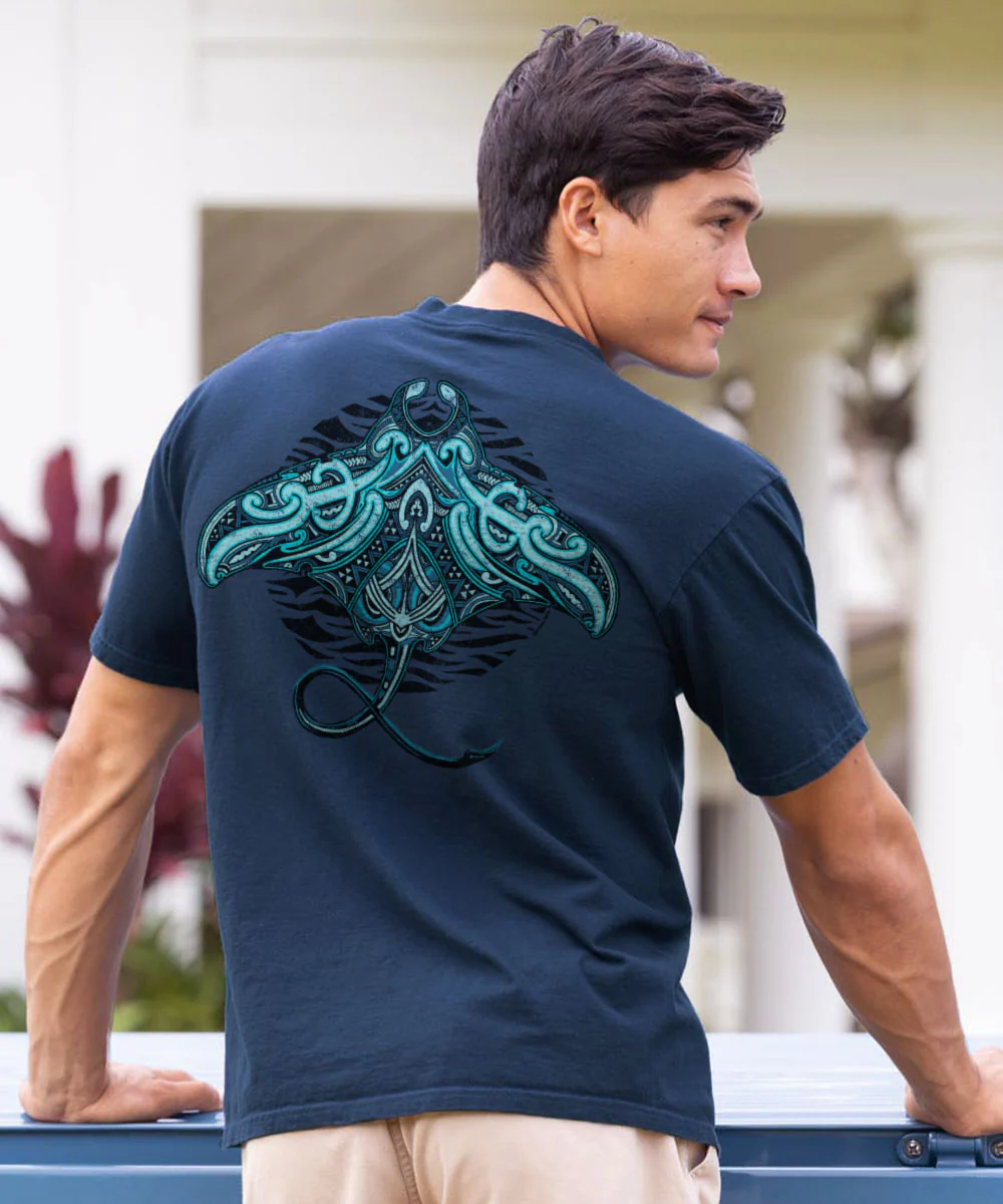 Tribal Blue Manta - Navy Short Sleeve Crewneck T-Shirt - Image 2