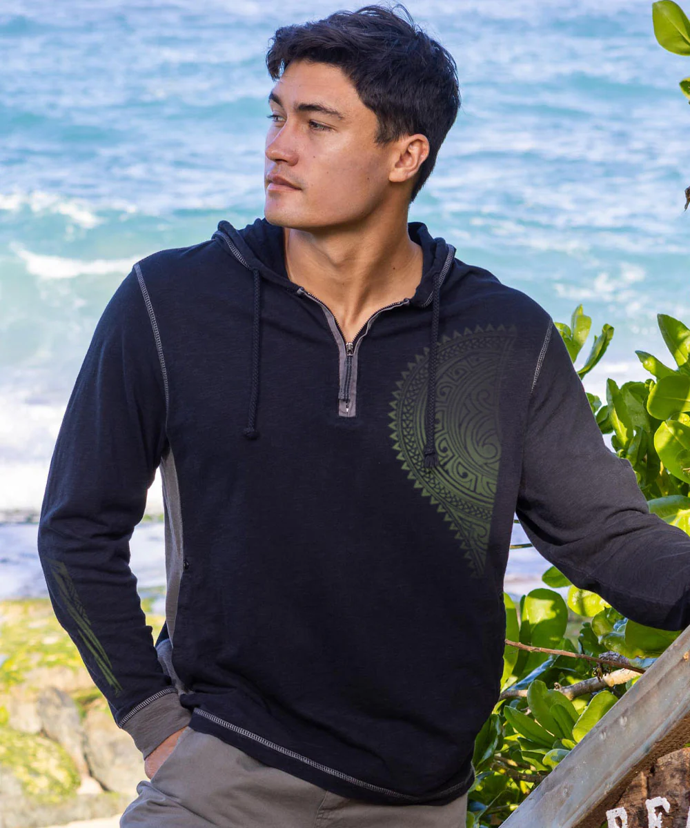 Tribal Chest Tattoo - Black/Charcoal Long Sleeve Longboard Hooded Tee - Image 2