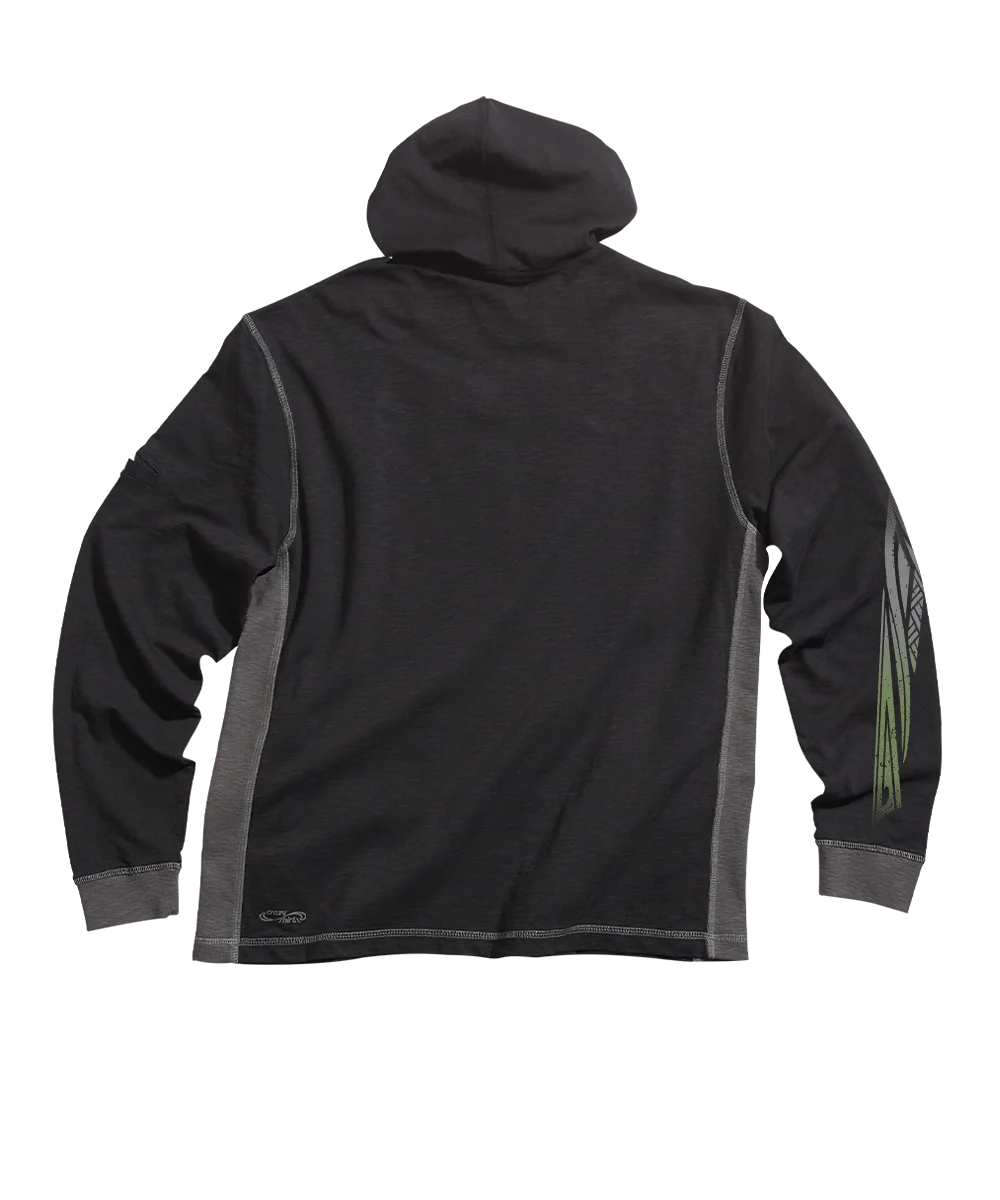 Tribal Chest Tattoo - Black/Charcoal Long Sleeve Longboard Hooded Tee - Image 4