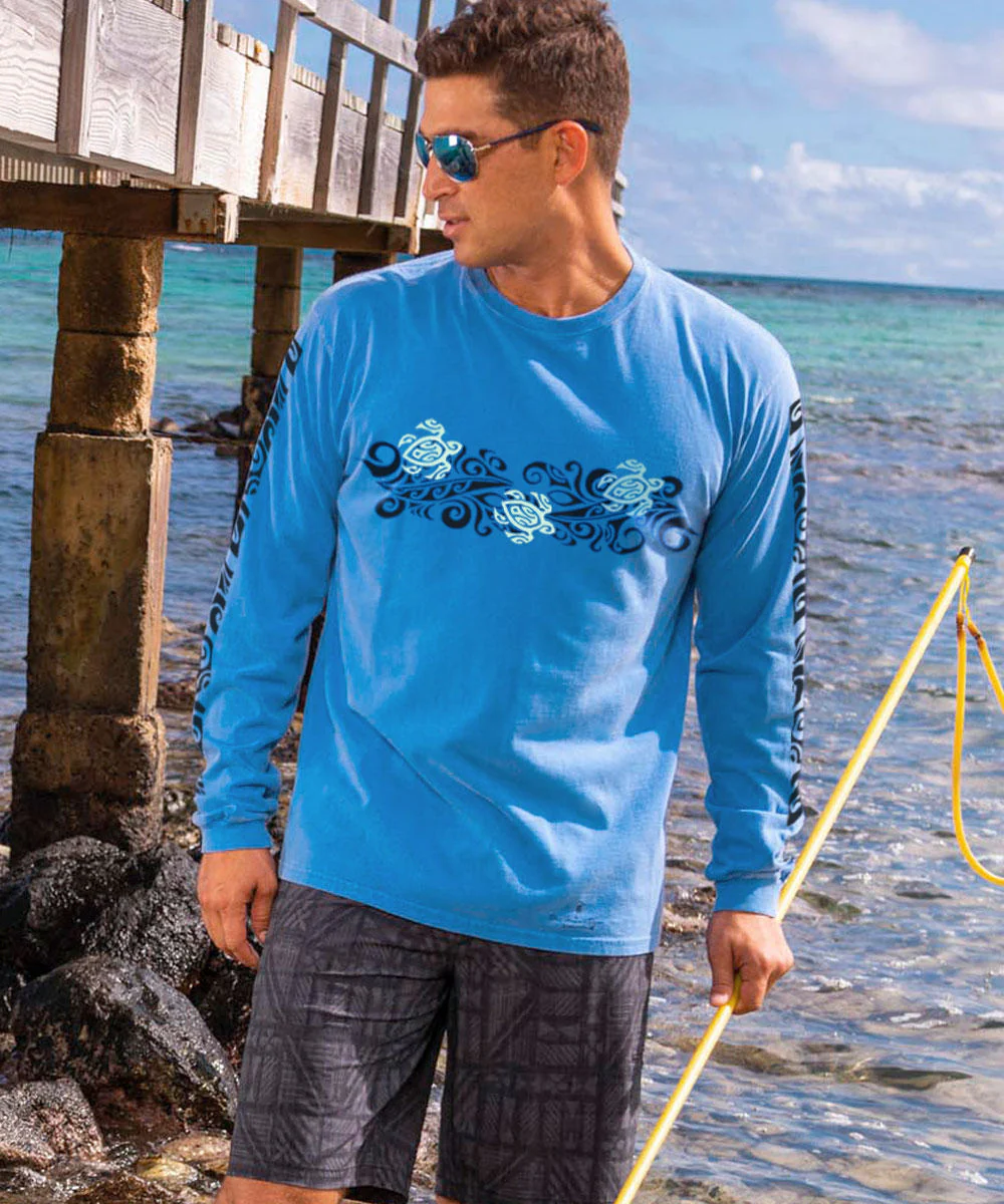 Tribal Honu Band - Blue Hawaii Dyed Long Sleeve Crewneck T-Shirt - Image 2
