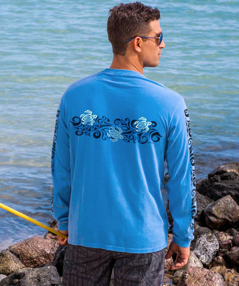 Tribal Honu Band - Blue Hawaii Dyed Long Sleeve Crewneck T-Shirt - Image 3