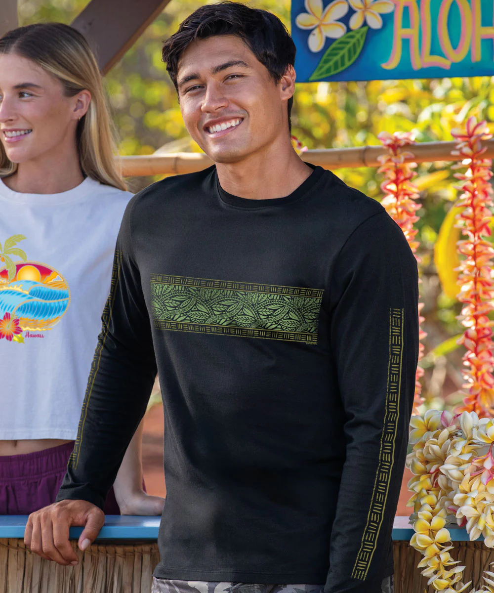 Tribal Leaves Band - Jet Black Long Sleeve Pima T-Shirt - Image 2