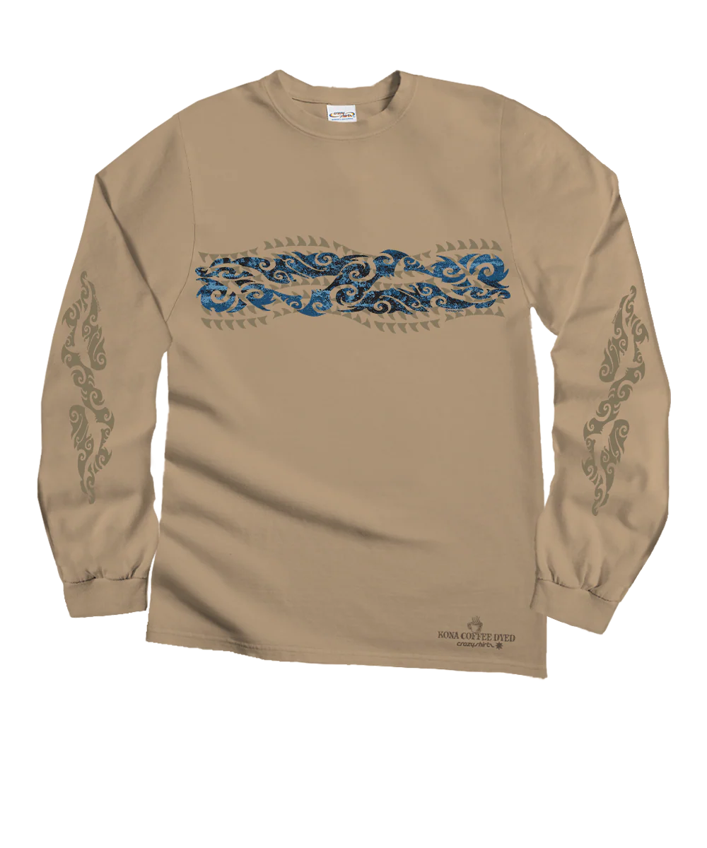 Tribal Mana Stripe - Kona Coffee Dyed Long Sleeve Crewneck T-Shirt