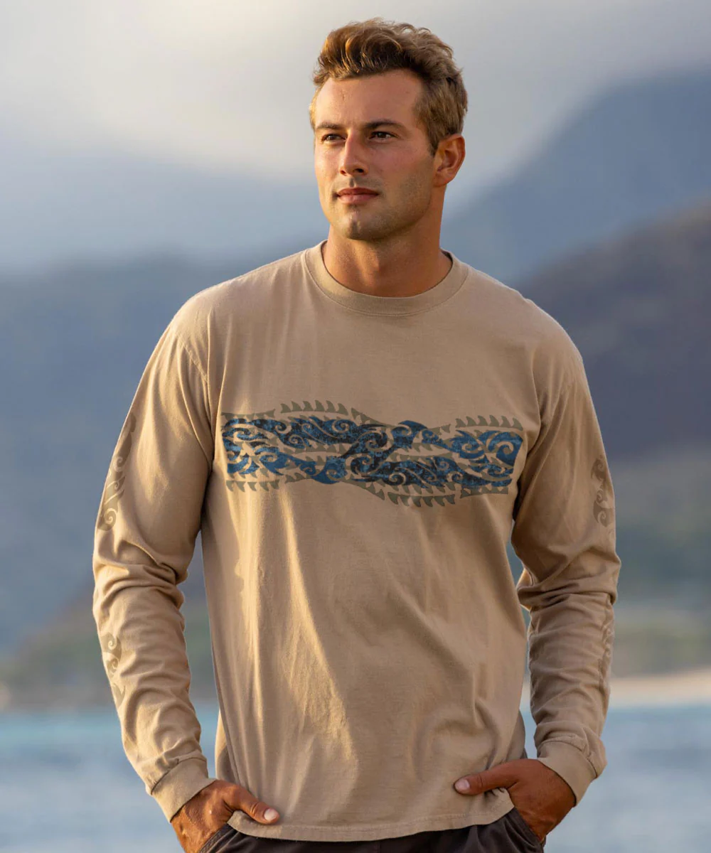 Tribal Mana Stripe - Kona Coffee Dyed Long Sleeve Crewneck T-Shirt - Image 2
