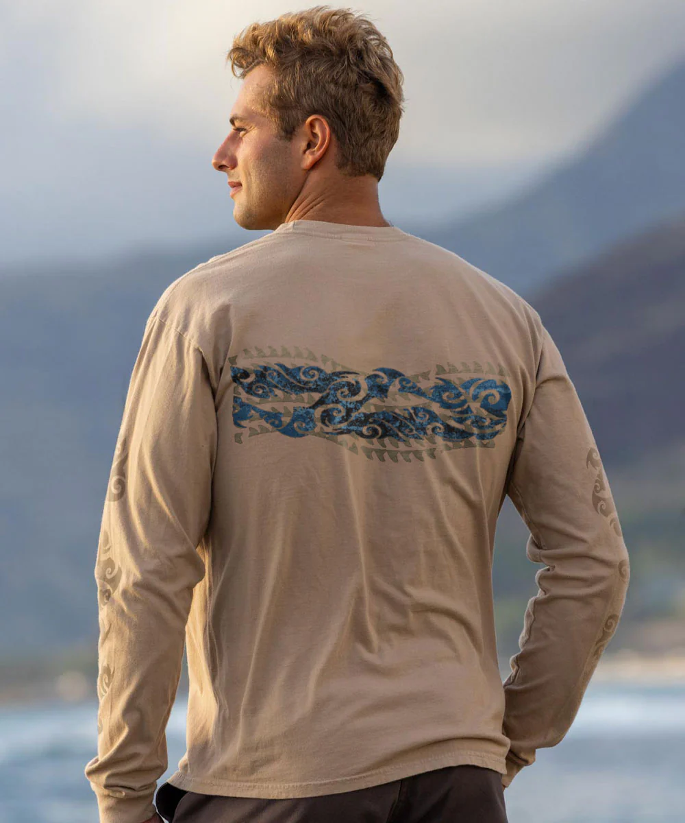 Tribal Mana Stripe - Kona Coffee Dyed Long Sleeve Crewneck T-Shirt - Image 3
