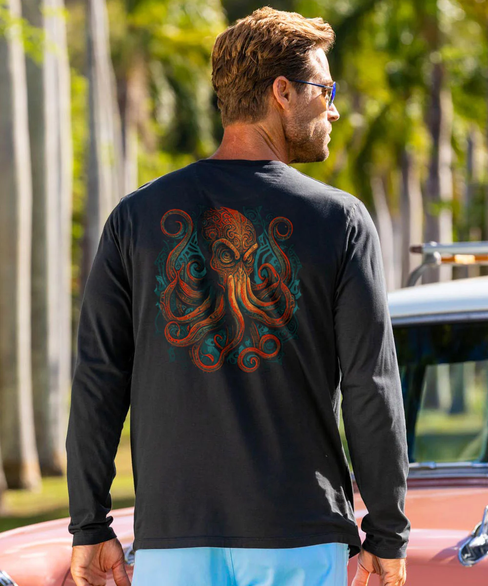 Tribal Octopus - Jet Black Long Sleeve Pima T-Shirt - Image 2