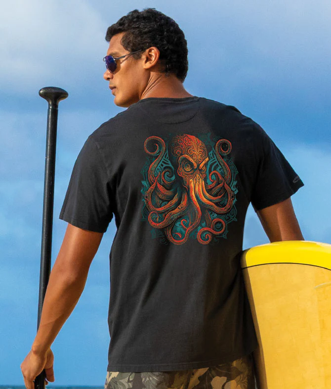 Tribal Octopus - Jet Black Short Sleeve Pima T-Shirt - Image 2
