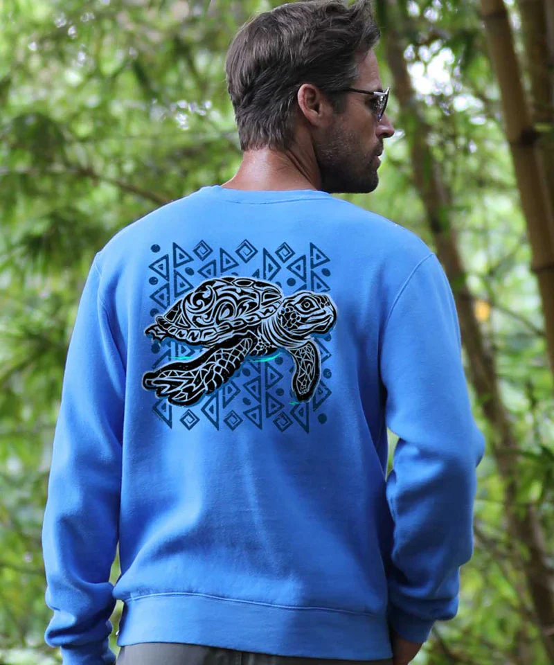 Tribal Sea Turtle - Blue Hawaii Dyed Long Sleeve Sweatshirt - Image 3