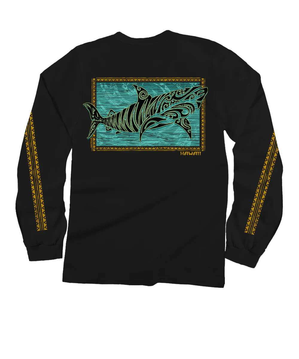 Tribal Tiger Shark - Black Long Sleeve Crewneck T-Shirt