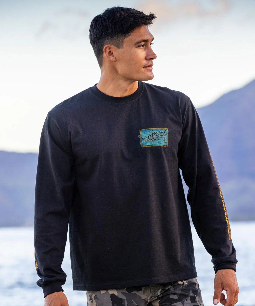 Tribal Tiger Shark - Black Long Sleeve Crewneck T-Shirt - Image 3