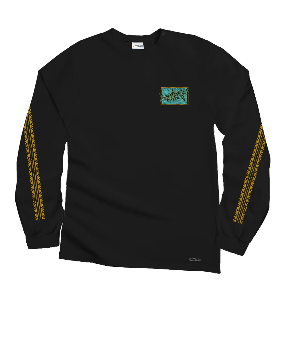 Tribal Tiger Shark - Black Long Sleeve Crewneck T-Shirt - Image 4
