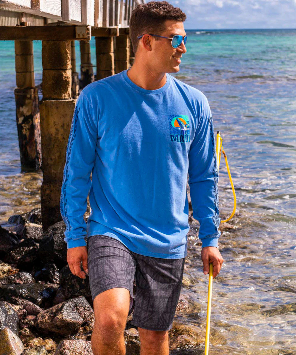 Tribal Whale Breach - Blue Hawaii Dyed Long Sleeve Crewneck T-Shirt - Image 3